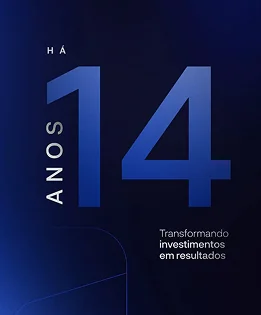 Arte gráfica com número 14 em destaque, comemorando os 14 anos da empresa transformando investimentos em resultados